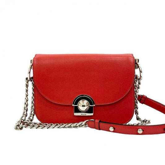 PRADA Shoulder Bag leather Red logo Metal Women Used Authentic