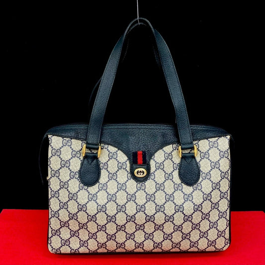 GUCCI Handbag Leather, PVC Navy logo Metal Sherry line Women Used Authentic
