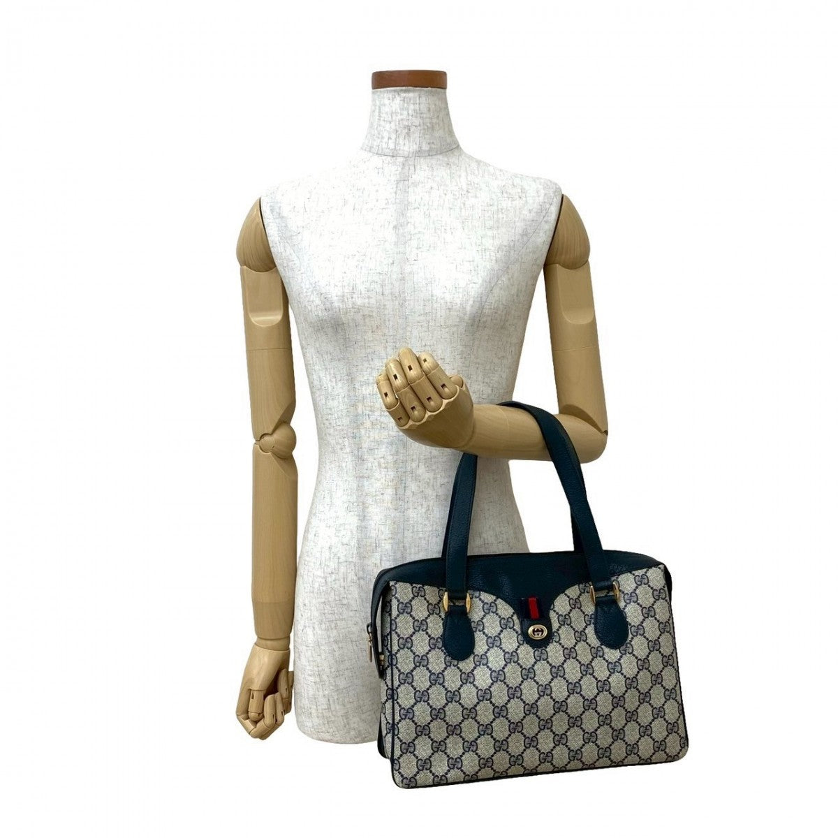 GUCCI Handbag Leather, PVC Navy logo Metal Sherry line Women Used Authentic