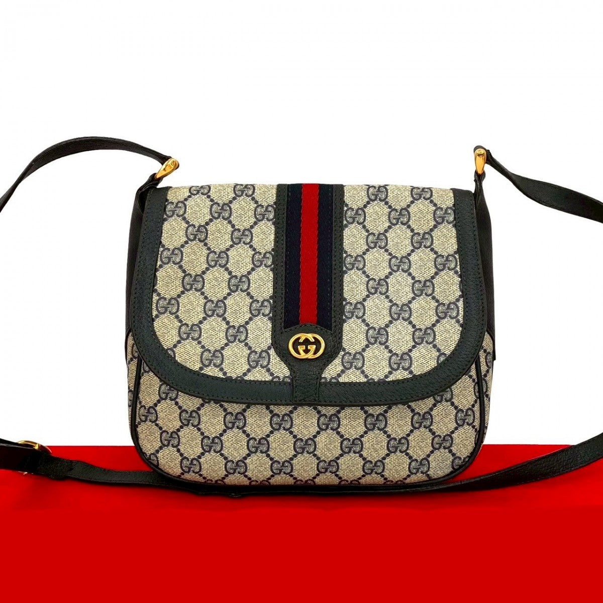 GUCCI Shoulder Bag leather Navy Sherry line