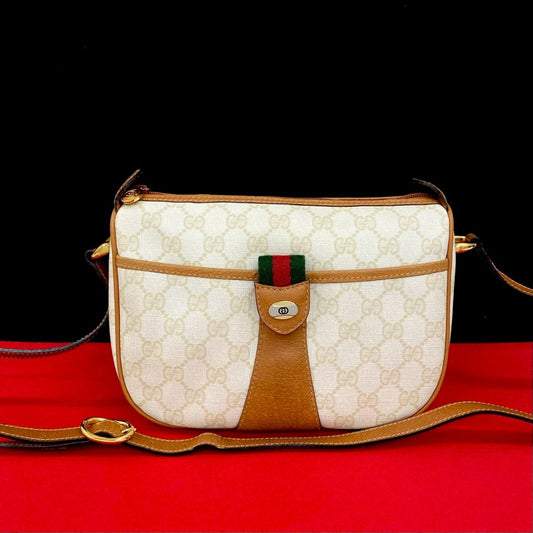 GUCCI Shoulder Bag Leather, PVC white GG logo Metal Sherry line Women Used Authentic
