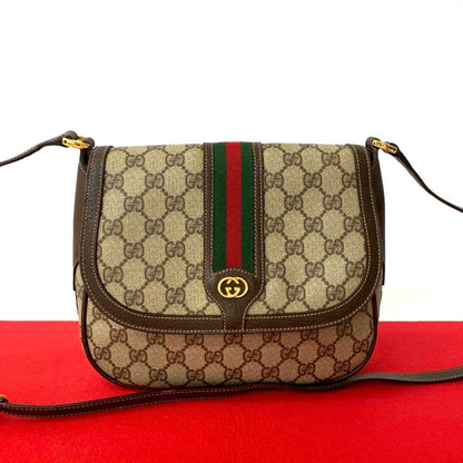 GUCCI Shoulder Bag Leather, PVC Brown GG logo Metal Sherry line Women Used Authentic