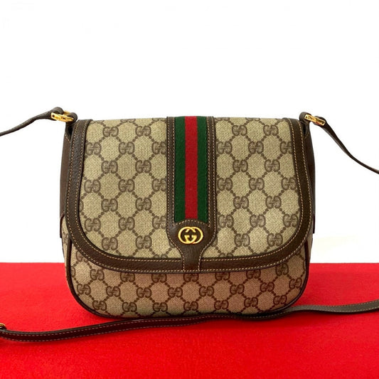 GUCCI Shoulder Bag Leather, PVC Brown GG logo Metal Sherry line Women Used Authentic