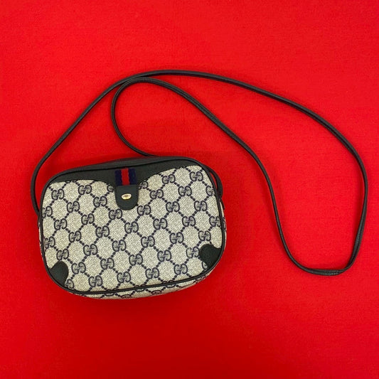GUCCI Shoulder Bag Leather, PVC Navy GG logo Metal Sherry line Women Used Authentic