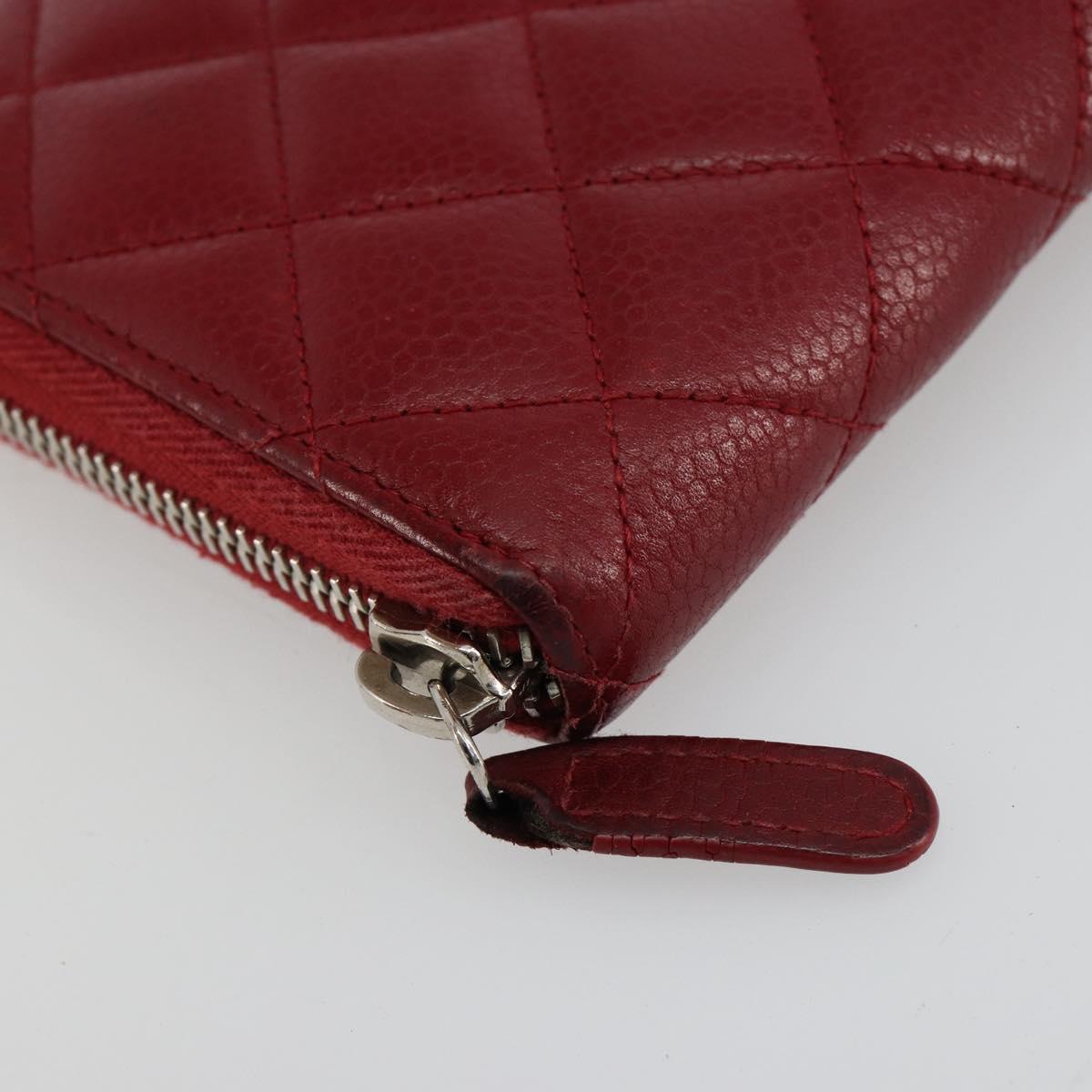 CHANEL Matelasse Long Wallet Caviar Skin Red Silver CC