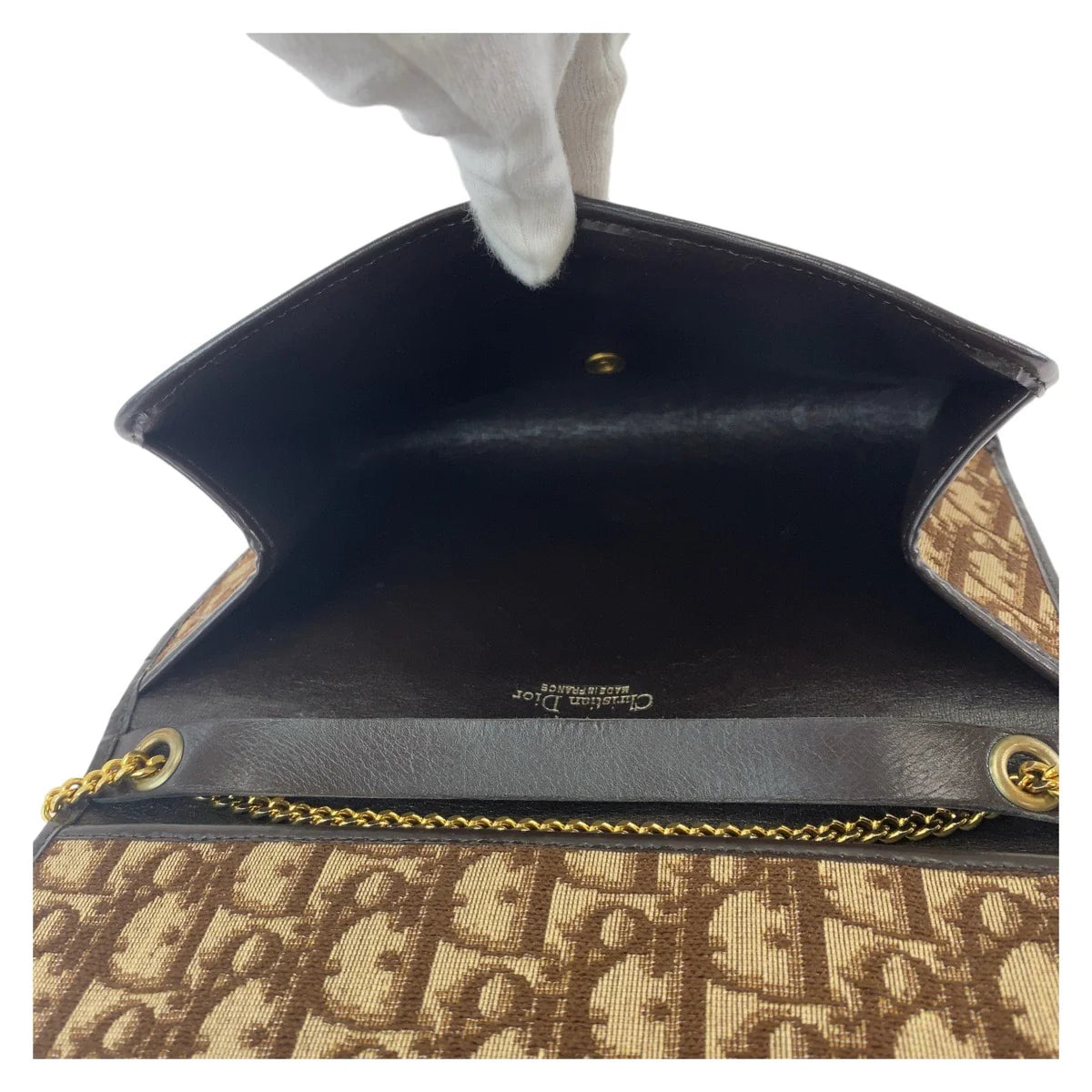 DIOR Canvas Shoulder Wallet on Chain Brown Beige Trotter Women Used Authentic