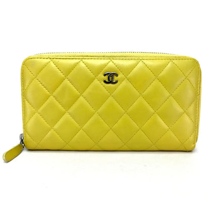 CHANEL Long Wallet Purse lambskin yellow Matrasse CC COCO Mark Women Used Authentic