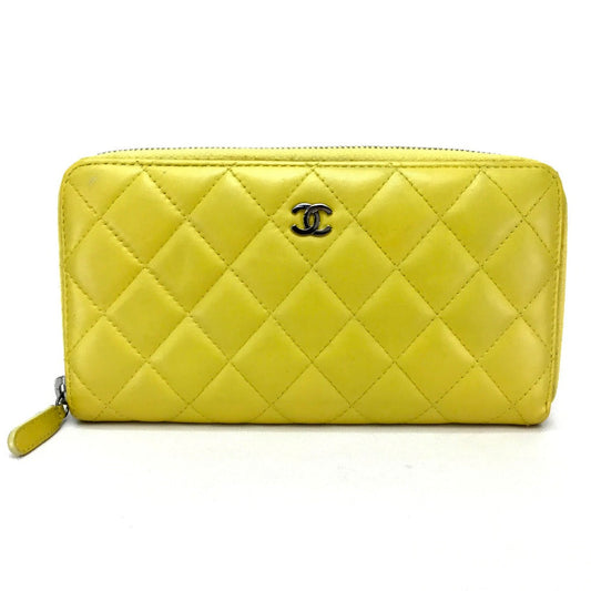 CHANEL Long Wallet Purse lambskin yellow Matrasse CC COCO Mark Women Used Authentic