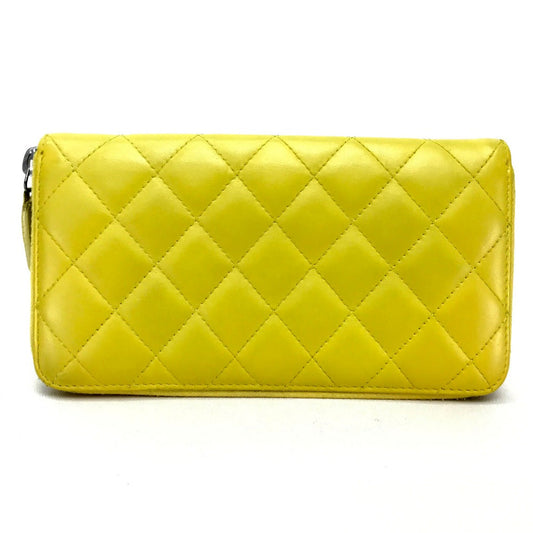 CHANEL Long Wallet Purse lambskin yellow Matrasse CC COCO Mark Women Used Authentic