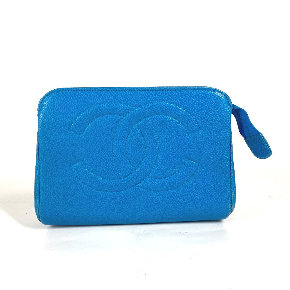 CHANEL Pouch Caviar skin blue Multi pouch CC COCO Mark Women Used Authentic