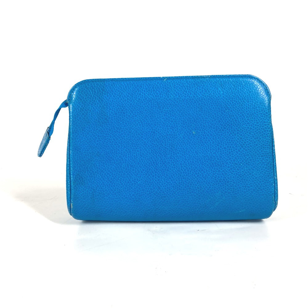 CHANEL Pouch Caviar skin blue Multi pouch CC COCO Mark Women Used Authentic