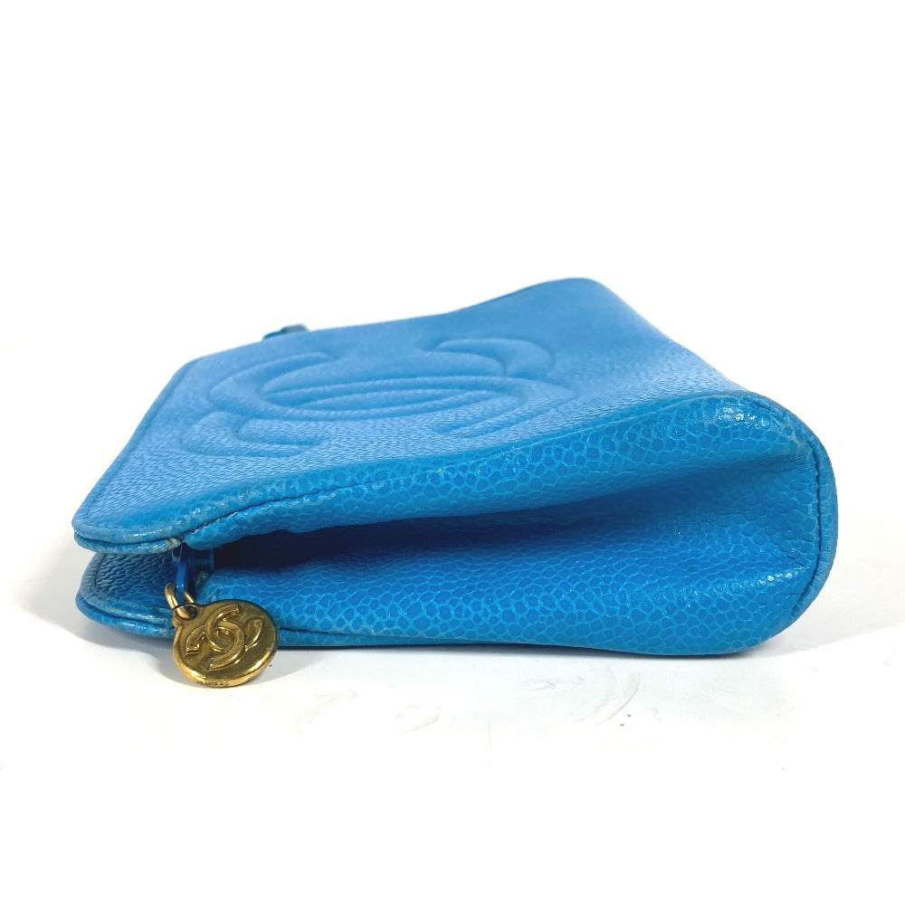 CHANEL Pouch Caviar skin blue Multi pouch CC COCO Mark Women Used Authentic