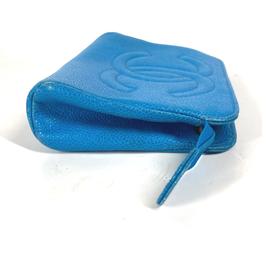 CHANEL Pouch Caviar skin blue Multi pouch CC COCO Mark Women Used Authentic