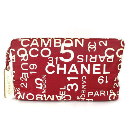 CHANEL Pouch canvas Red Bysy line logo Women Used Authentic