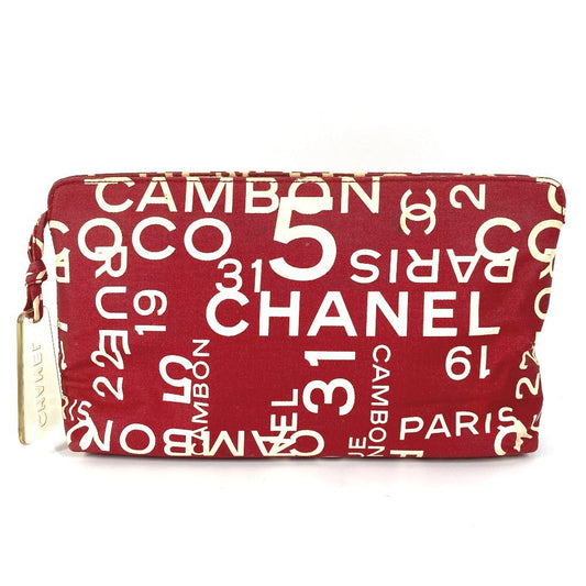 CHANEL Pouch canvas Red Bysy line logo Women Used Authentic