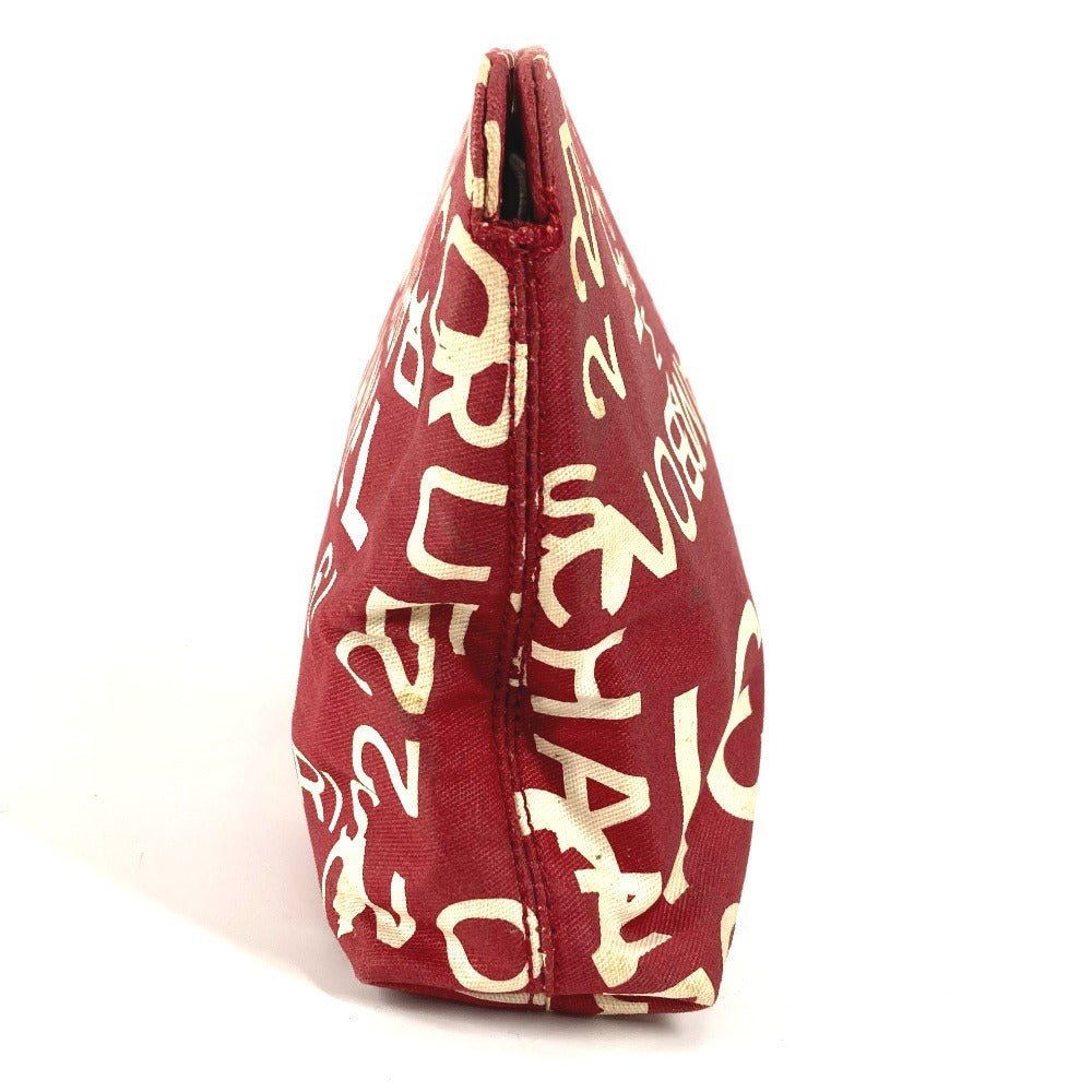 CHANEL Pouch canvas Red Bysy line logo Women Used Authentic