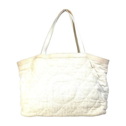 CHANEL Tote Bag Cotton leather white beach bag pile CC COCO Mark Women Used Authentic