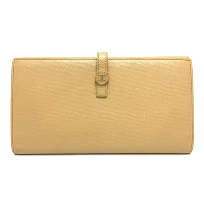 CHANEL Folded wallet leather beige COCO Button Women Used Authentic