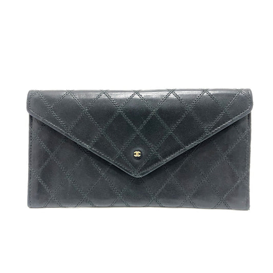 CHANEL Long Wallet Purse lambskin black Matrasse Women Used Authentic