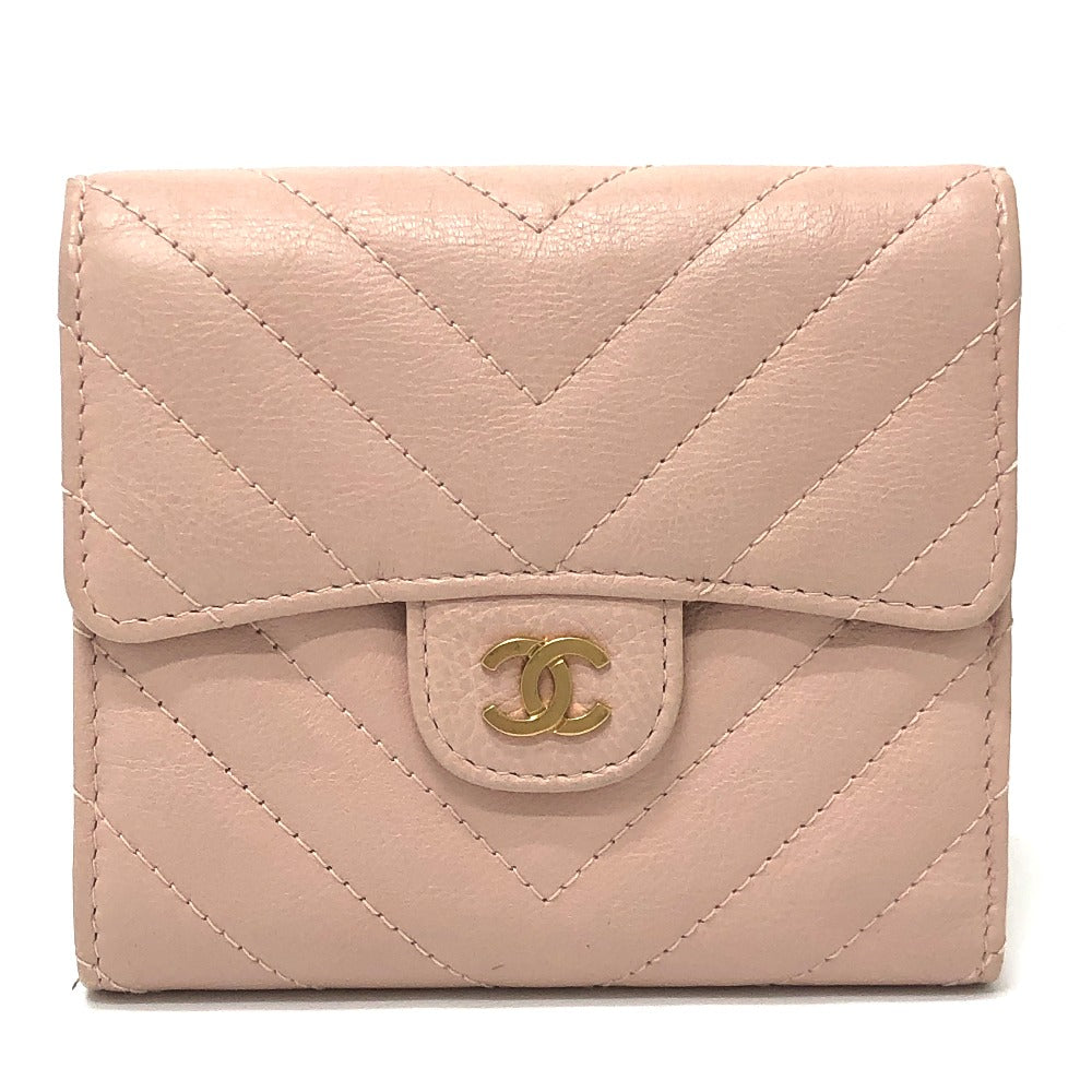 CHANEL Trifold wallet lambskin beige Vstitch Chevron