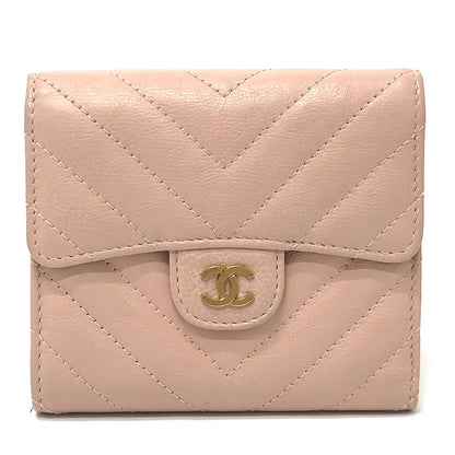 CHANEL Trifold wallet lambskin beige Vstitch Chevron