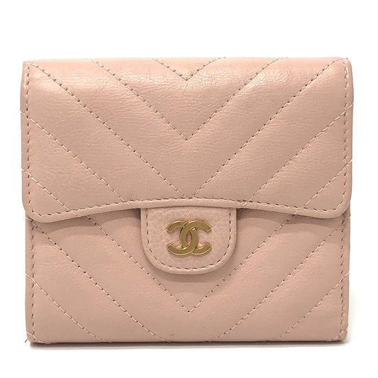 CHANEL Trifold wallet lambskin beige Vstitch Chevron