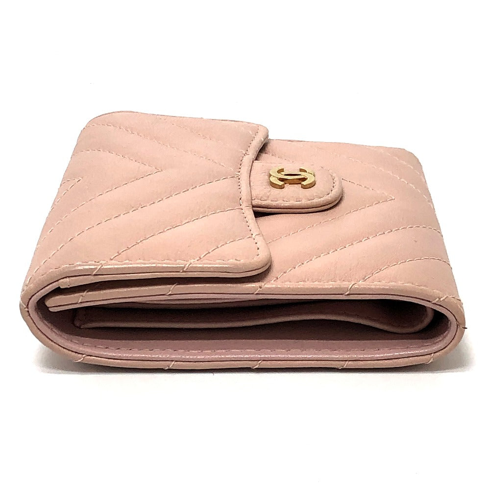 CHANEL Trifold wallet lambskin beige Vstitch Chevron