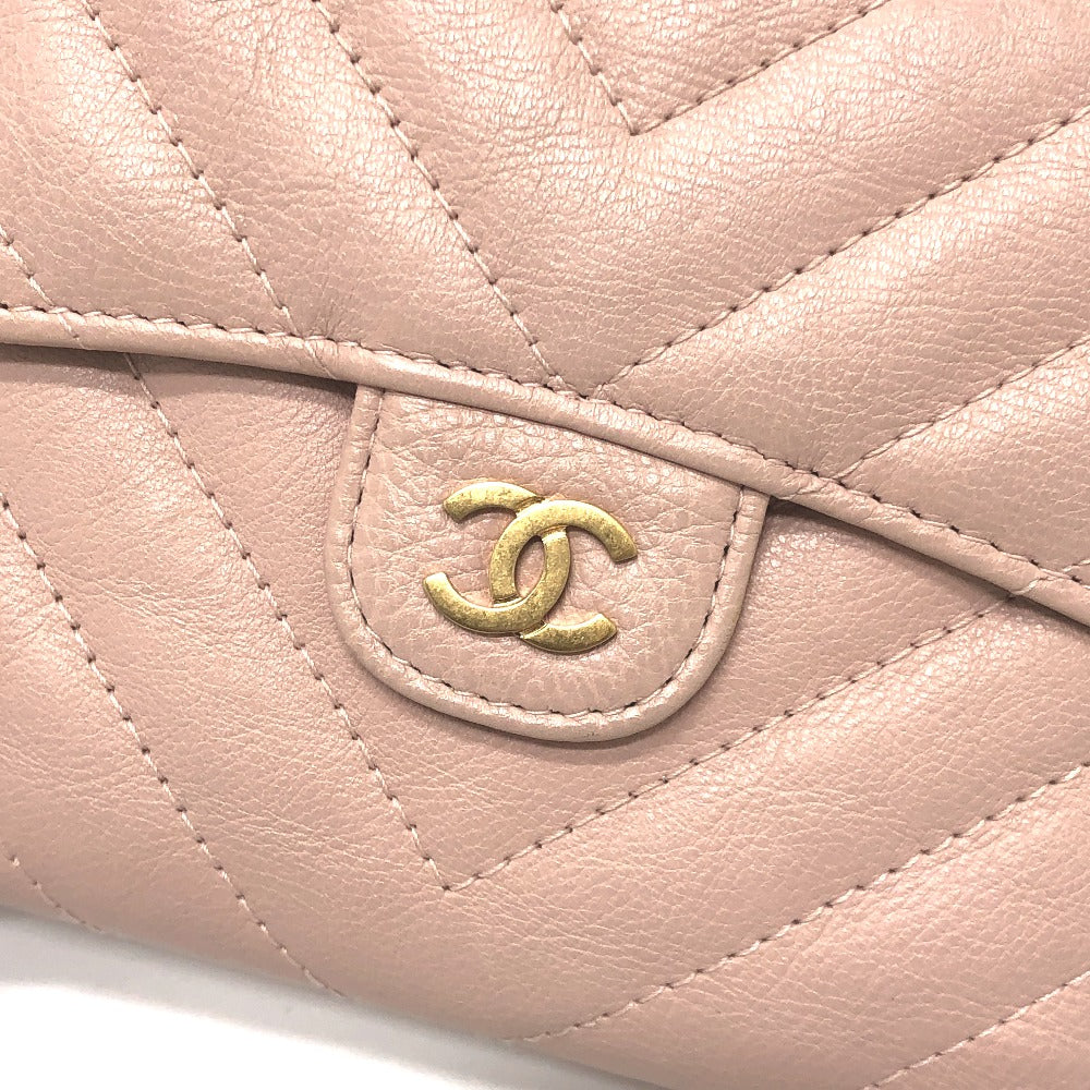 CHANEL Trifold wallet lambskin beige Vstitch Chevron