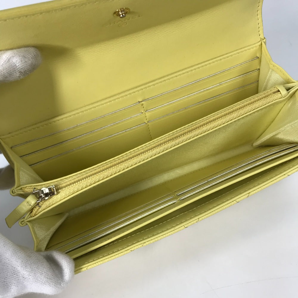 CHANEL Long Wallet Purse Caviar skin yellow Two fold Long wallet Filigree CC COCO Mark Women Used Authentic
