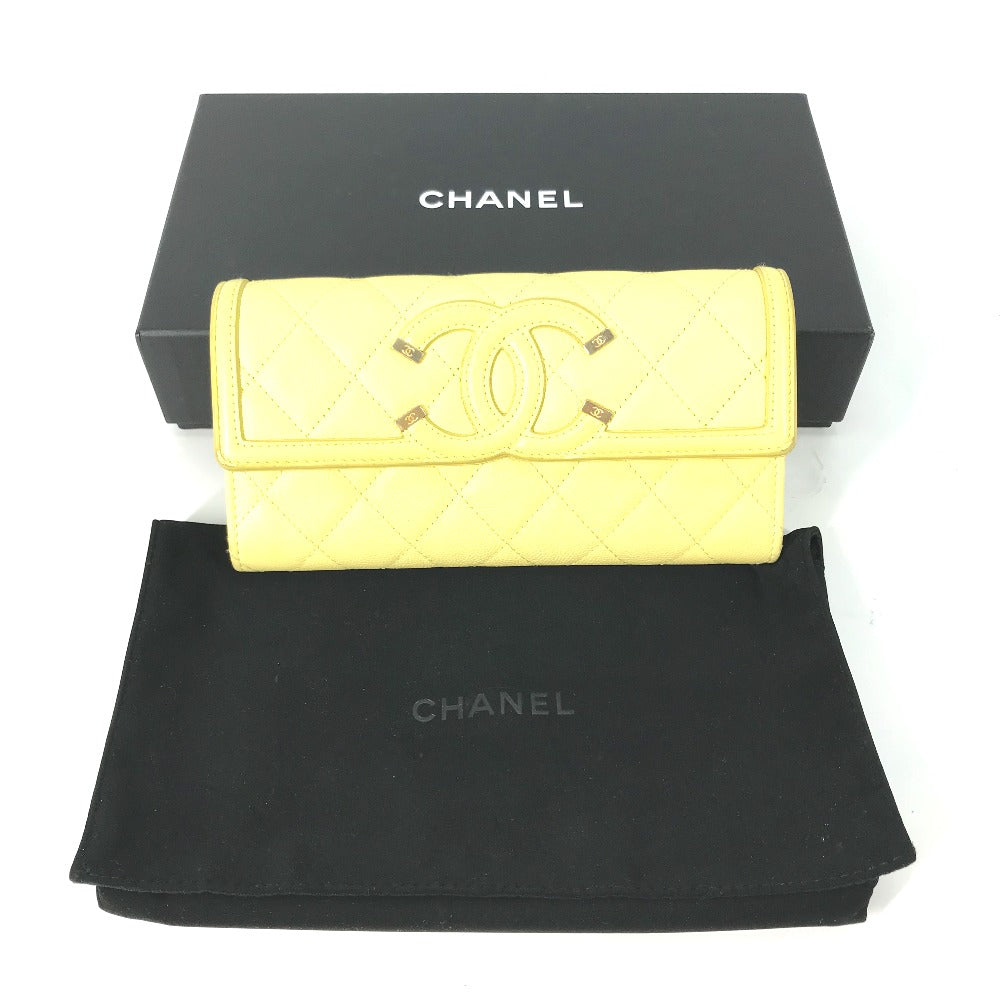 CHANEL Long Wallet Purse Caviar skin yellow Two fold Long wallet Filigree CC COCO Mark Women Used Authentic