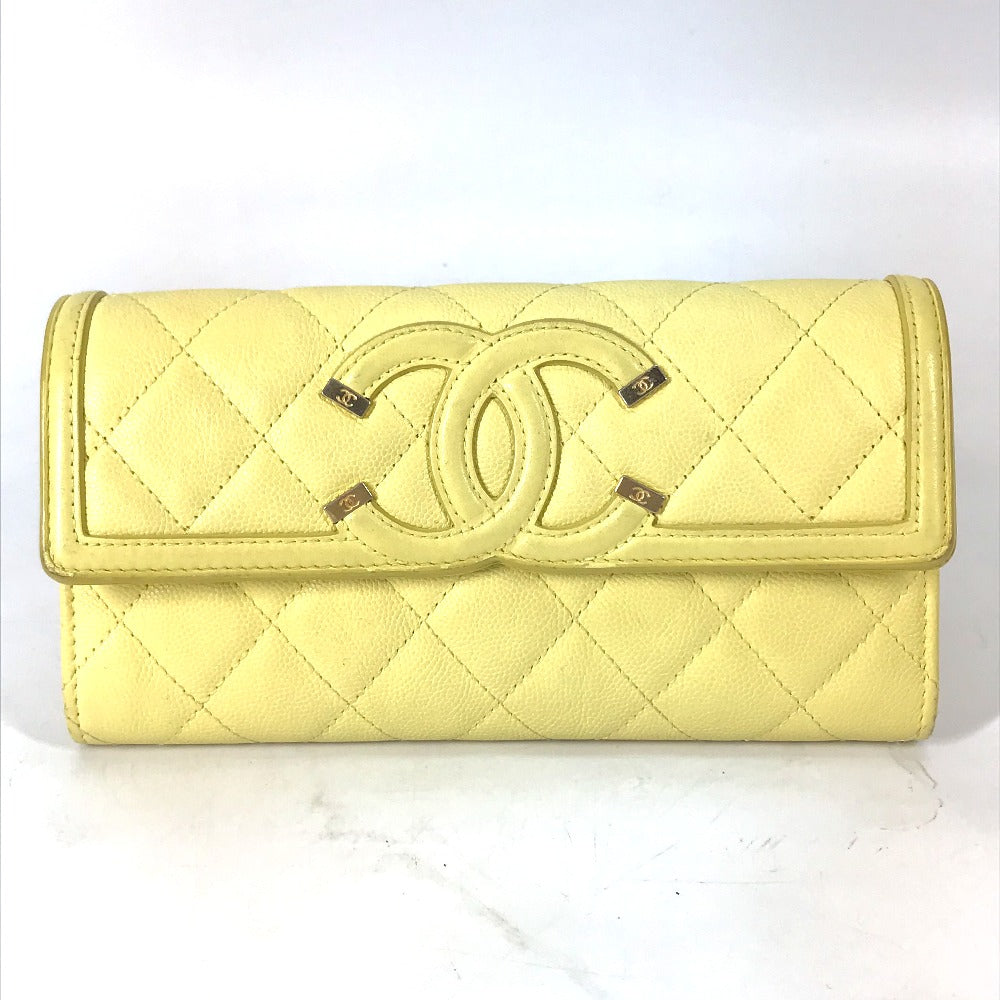 CHANEL Long Wallet Purse Caviar skin yellow Two fold Long wallet Filigree CC COCO Mark Women Used Authentic