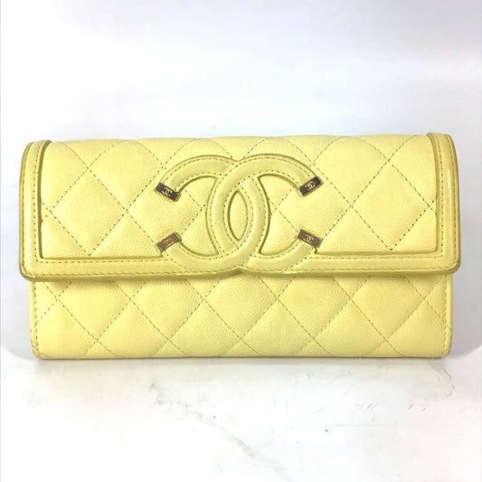 CHANEL Long Wallet Purse Caviar skin yellow Two fold Long wallet Filigree CC COCO Mark Women Used Authentic