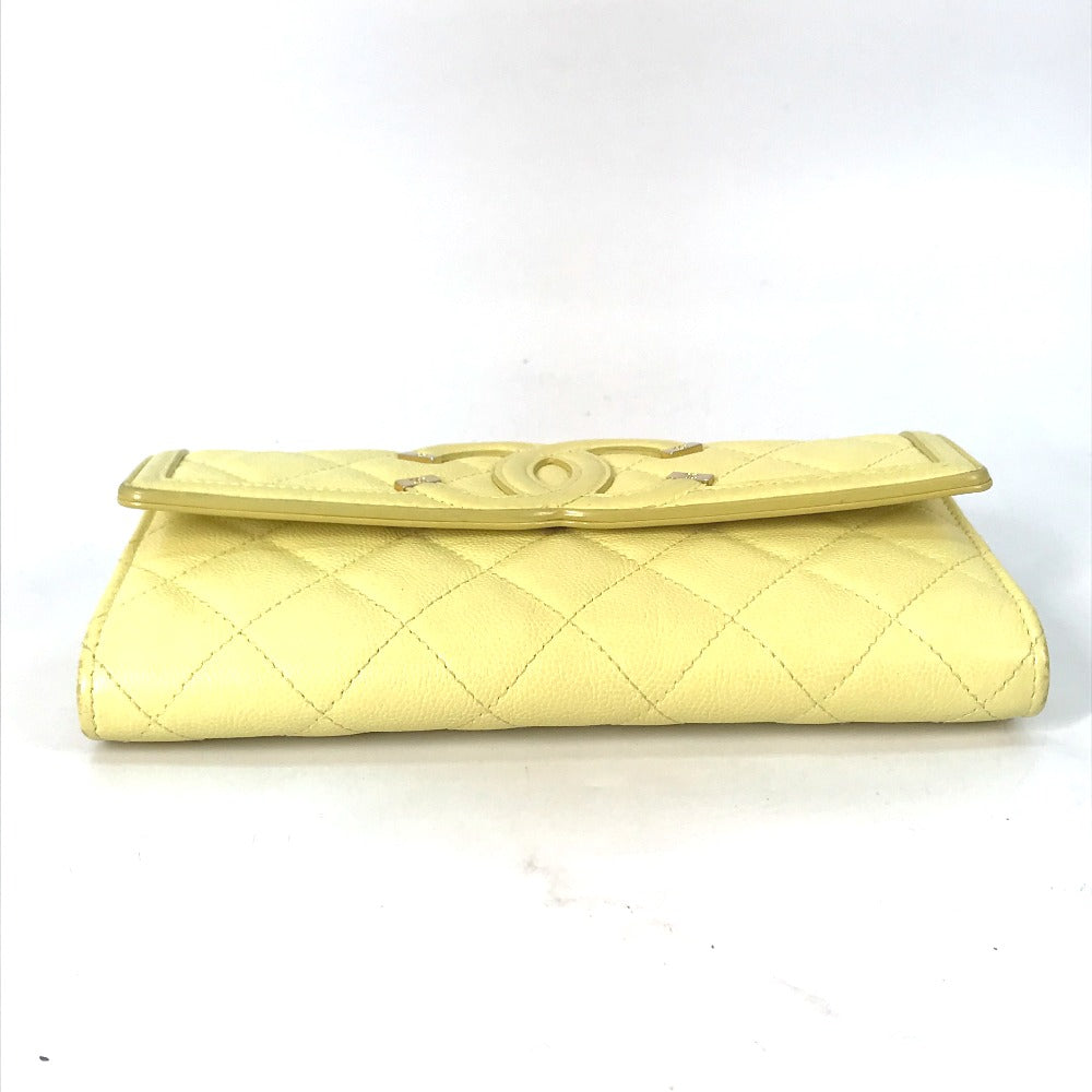 CHANEL Long Wallet Purse Caviar skin yellow Two fold Long wallet Filigree CC COCO Mark Women Used Authentic