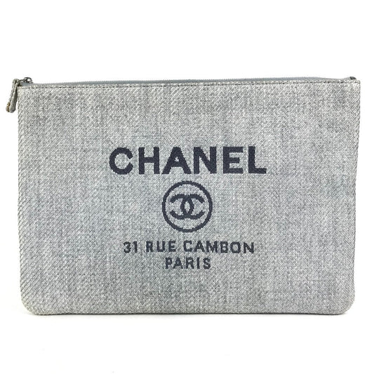 CHANEL Clutch bag canvas blue logo Deauville Women Used Authentic