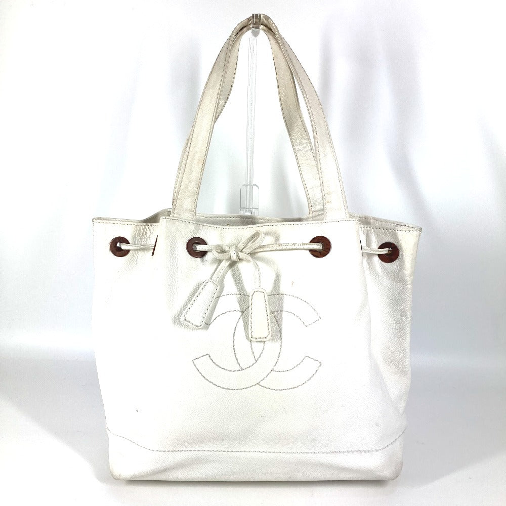 CHANEL Shoulder Bag Caviar skin white vintage CC COCO Mark logo drawstring bag Women Used Authentic
