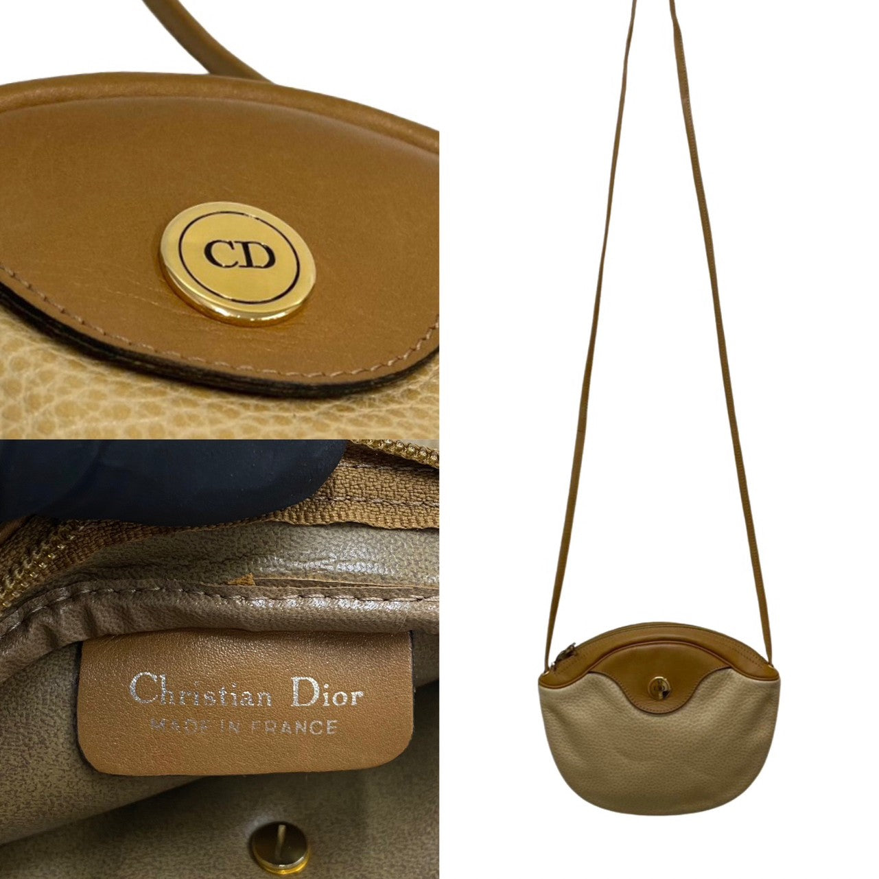 Dior Shoulder Bag leather beige logo Metal Women Used Authentic