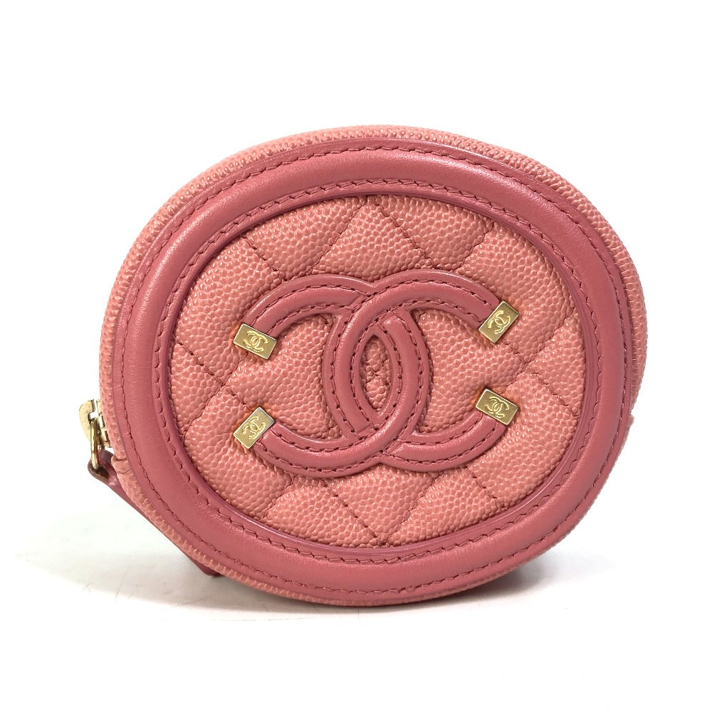 CHANEL Coin case Caviar skin pink Wallet Coin Pocket Round filigree Women Used Authentic