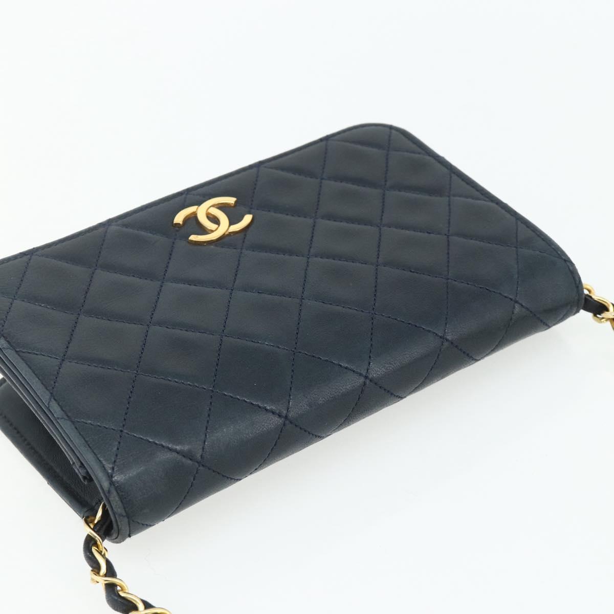 CHANEL Push Lock Chain Shoulder Bag Lambskin Navy Gold CC
