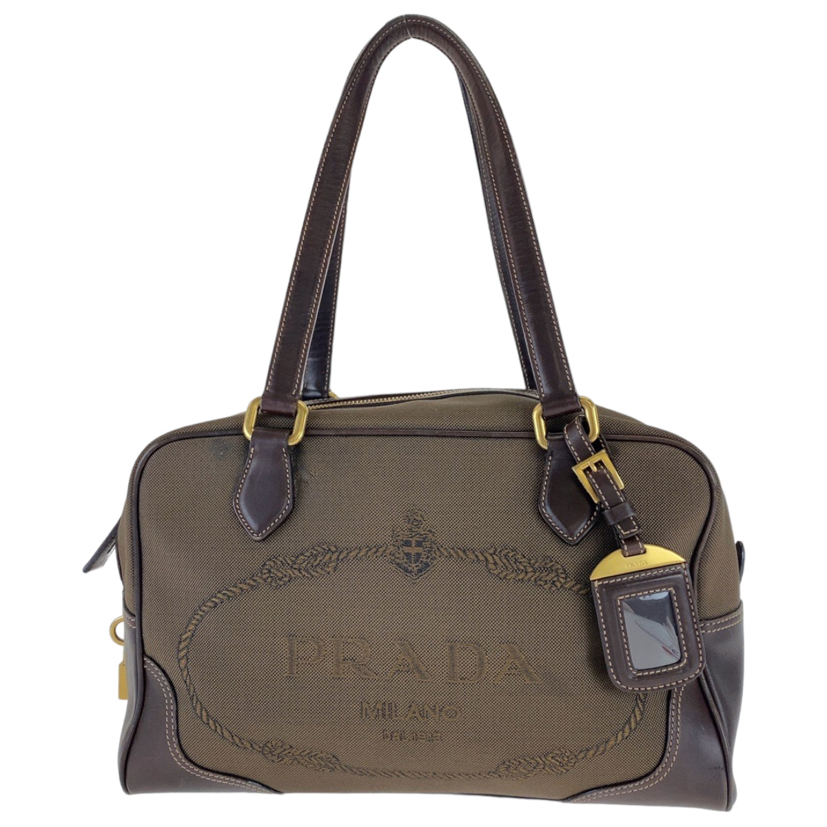 PRADA Shoulder Bag Canvas, Leather Brown Shoulder Bag Handbag Tote Bag Logo jacquard Women Used Authentic
