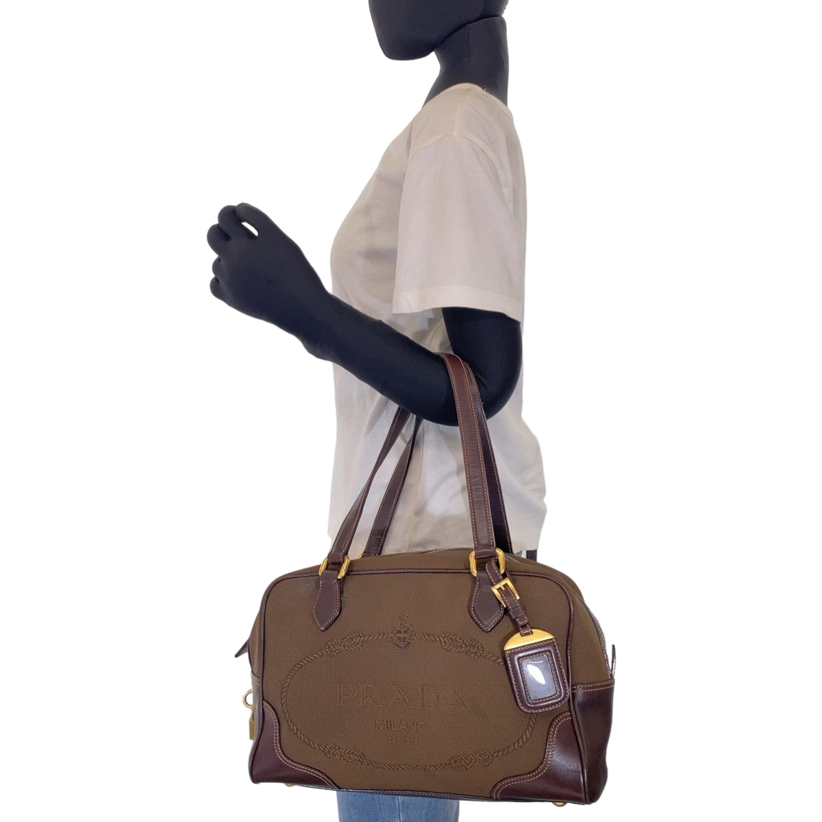 PRADA Shoulder Bag Canvas, Leather Brown Shoulder Bag Handbag Tote Bag Logo jacquard Women Used Authentic