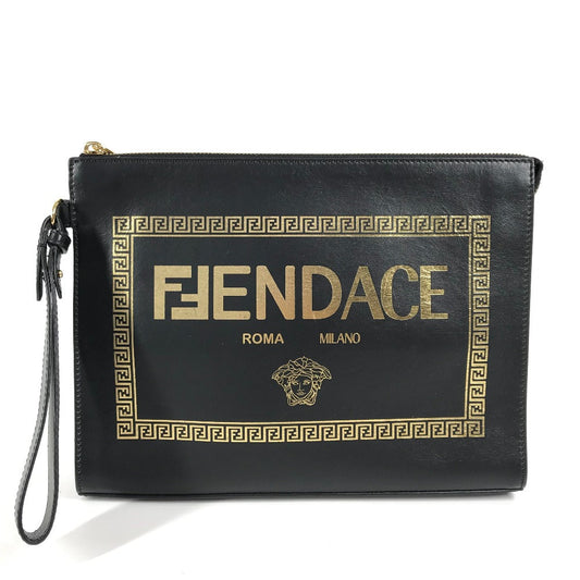FENDI Clutch bag leather black Versace VERSACE collaboration FENDACE logo FENDACE Women(Unisex) Used Authentic
