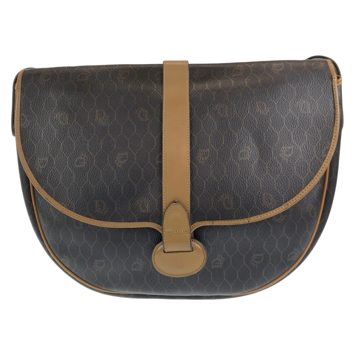 Dior Shoulder Bag leather Brown Gold Metal Crossbody Shoulder Bag Pochette Honeycomb Pattern Women Used Authentic