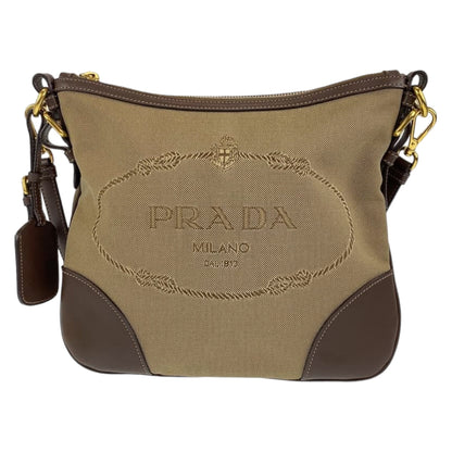 PRADA Shoulder Bag canvas Beige brown Shoulder Bag Crossbody Pochette Unisex Logo jacquard Women Used Authentic