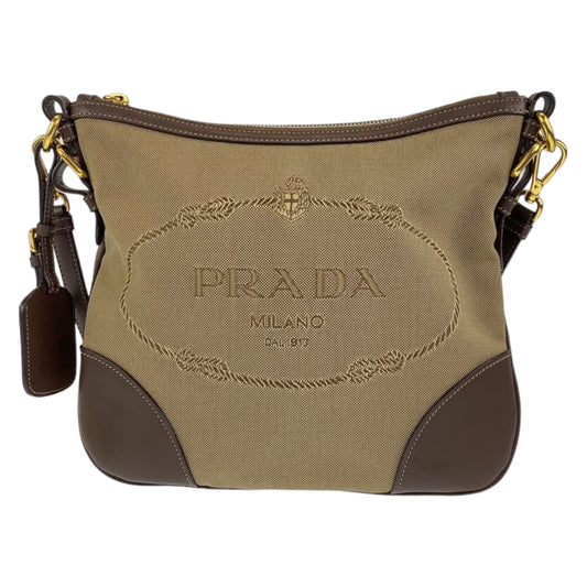 PRADA Shoulder Bag canvas Beige brown Shoulder Bag Crossbody Pochette Unisex Logo jacquard Women Used Authentic