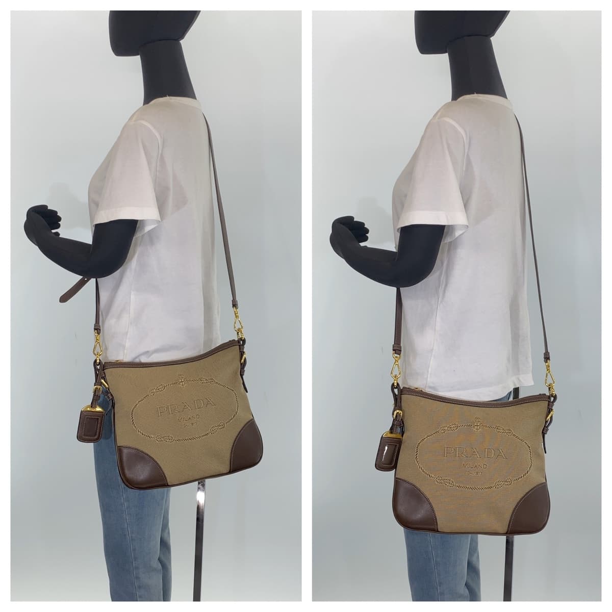 PRADA Shoulder Bag canvas Beige brown Shoulder Bag Crossbody Pochette Unisex Logo jacquard Women Used Authentic