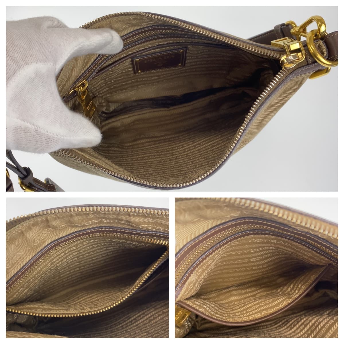 PRADA Shoulder Bag canvas Beige brown Shoulder Bag Crossbody Pochette Unisex Logo jacquard Women Used Authentic