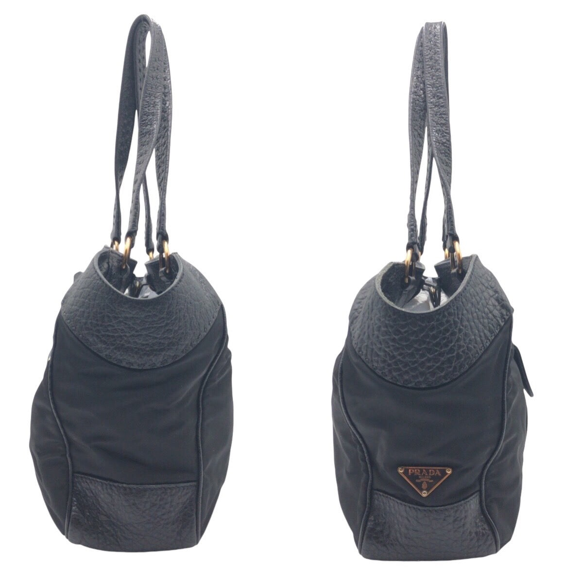 PRADA Shoulder Bag Nylon, Leather Black black Tote Bag Shoulder Bag Vitello Dino Tessuto Triangular logo Women Used Authentic
