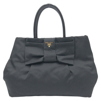 PRADA Tote Bag Nylon Black GoldMetal Tote Bag handbag Test Triangle Logo Ribbon Women Used Authentic