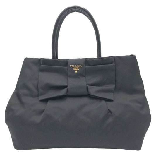 PRADA Tote Bag Nylon Black GoldMetal Tote Bag handbag Test Triangle Logo Ribbon Women Used Authentic