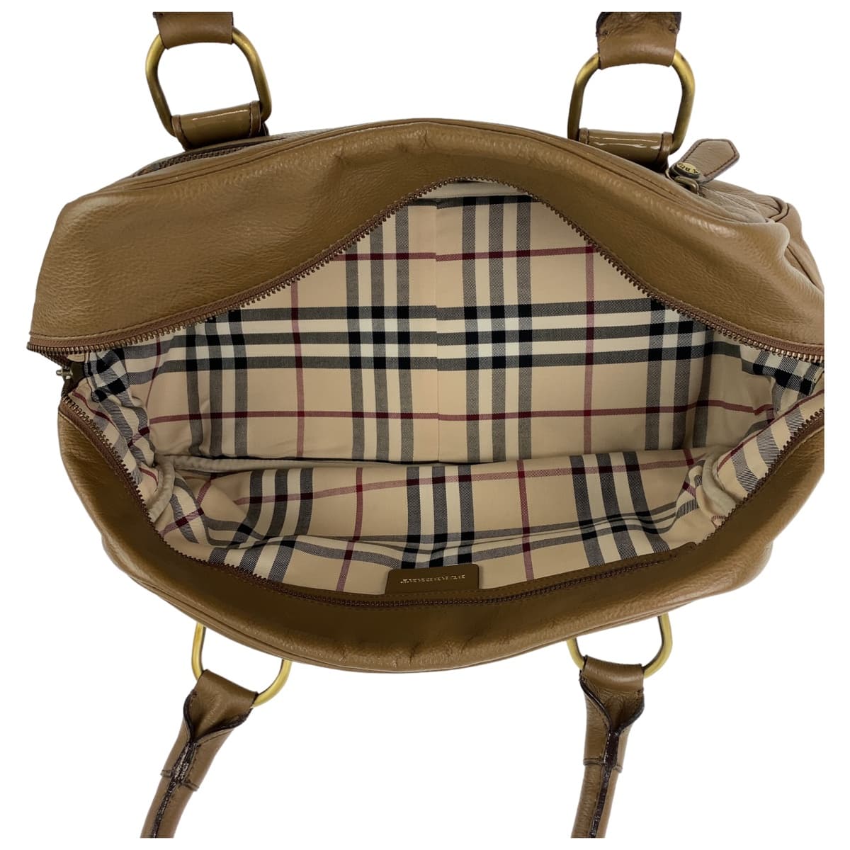 BURBERRY Handbag leather Khaki Brown Gold Metal Handbag Shoulder Bag Medium Check Pattern Women Used Authentic